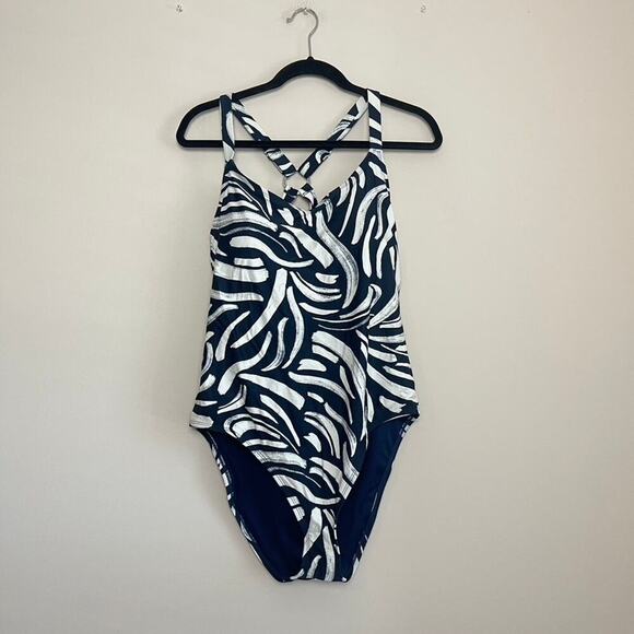 NWT Hurley Cross Open Back Pull On Padded Blue White Full Coverage Swimsuit M - Picture 3 of 7